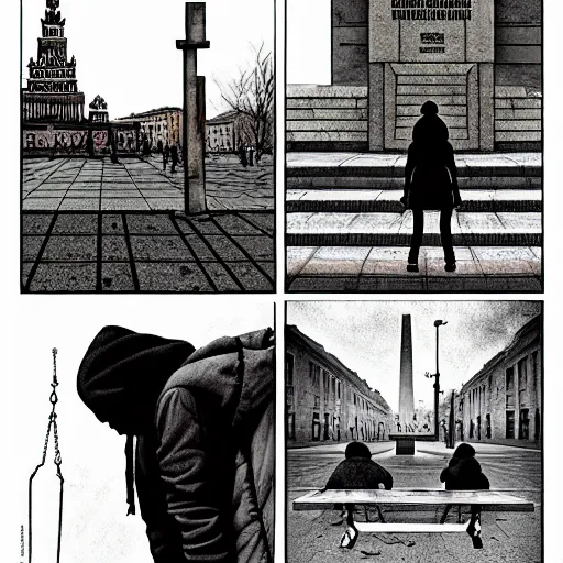 Image similar to storyboard : sadie sink in hoodie sits on bench in ruined square, pedestrians walk by, soviet monument and propaganda posters. scifi cyberpunk. by gabriel hardman. cinematic atmosphere, detailed and intricate, perfect anatomy