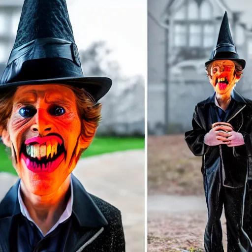 Image similar to willem dafoe trick or treating on halloween, ( sony a 7 r iv, symmetric balance, polarizing filter, photolab, lightroom, 4 k, dolby vision, photography awardm, voque, perfect face )