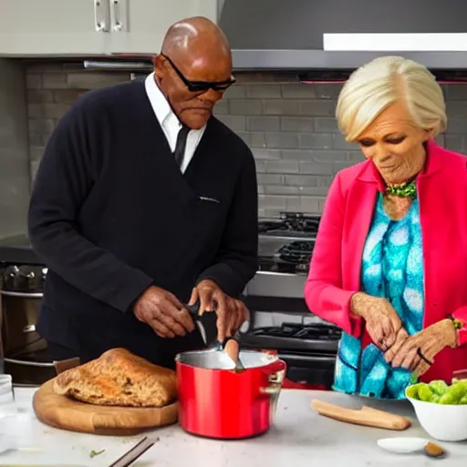 Image similar to Samuel L Jackson and Mary Berry cooking together