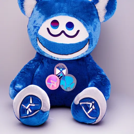 Prompt: blue'snappy gifts'logo plush doll with smiley face in magical forest, gifts, dark atmosphere, high detail, soft lighting, 8 k