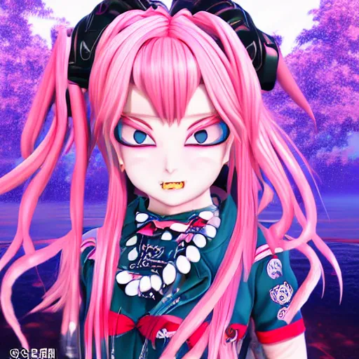 Image similar to no escape from stunningly absurdly beautiful omnipotent asi goddess junko enoshima with multiple twisted deceptive megalomaniacal mesmerizing personalities, symmetrical perfect face, porcelain skin, pink twintail hair and cyan eyes, ultra detailed, digital art, unreal engine 5, octane render, 2 d anime, 8 k