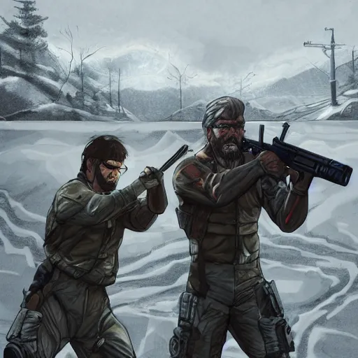 Image similar to Solid Snake from MGS and Gordon Freeman from Half-Life melee fight against each other on an abandoned military base, winter, very detailed, hyper realism, epic, close-up fight, digital art, concept art, illustration, artstation, cgi, 4k