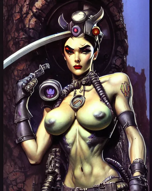 Image similar to widowmaker from overwatch, heavey metal magazine cover, character portrait, portrait, close up, concept art, intricate details, highly detailed, in the style of frank frazetta, esteban maroto, richard corben, pepe moreno, matt howarth, stefano tamburini, tanino liberatore, luis royo and alex ebel
