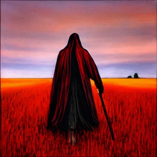 Prompt: Red death Reaper walking into a field, red sky