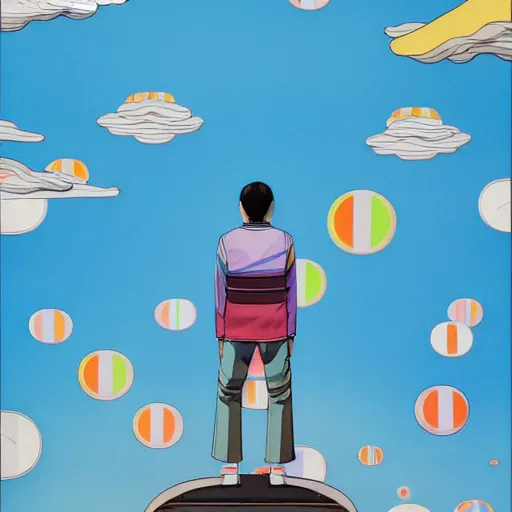 Image similar to a man walking on clouds away from the camera above kyoto by takashi murakami, beeple and james jean, aya takano color style, 4 k, super detailed, modern, 4 k, symmetrical