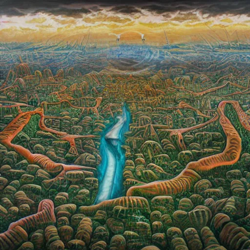 Image similar to surrealist landscape, human organ city, painting, highly detailed