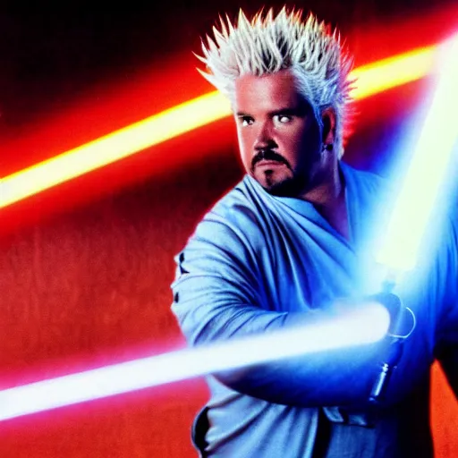 Image similar to Guy Fieri in Star Wars, Jedi Knight, blue light saber, movie still, cinematic, cinestill 400t film, 24mm lens