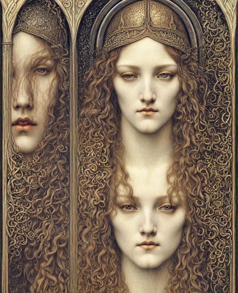 Image similar to detailed realistic beautiful young medieval queen face portrait by jean delville, gustave dore and marco mazzoni, art nouveau, symbolist, visionary, gothic, pre - raphaelite. horizontal symmetry