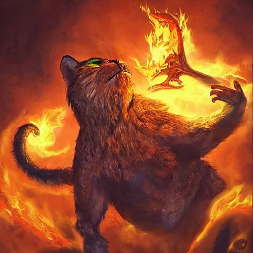 Prompt: “Tabaxi alchemist throwing alchemist fire on a great beast, realistic fantasy painting inspired by dungeons and dragons”