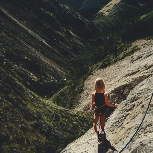 Image similar to beautiful girl climbing a mountain, dslr, natural lighting, clear features,