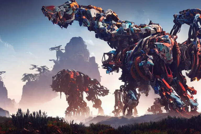 Image similar to sawtooth machine mecha animal beast robot of horizon forbidden west horizon zero dawn bioluminiscence global illumination ray tracing hdr fanart arstation by sung choi and eric pfeiffer and gabriel garza and casper konefal