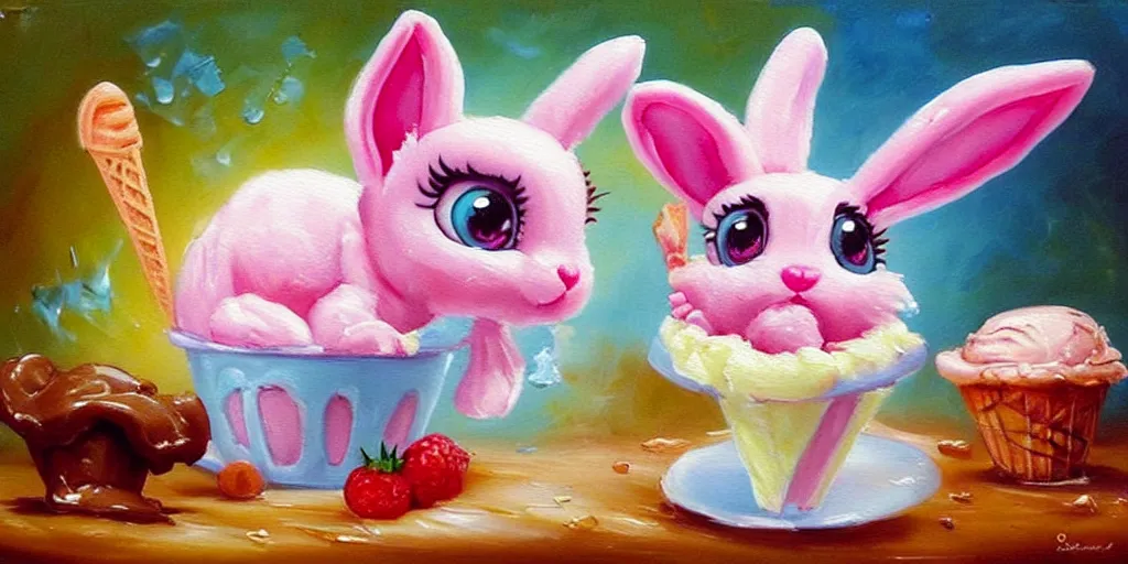 Image similar to ice cream made in the shape of 3 d littlest pet shop rabbit, bunny, realistic, melting, soft painting, desserts with chocolate syrup, toppings, ice cream, forest, master painter and art style of noel coypel, art of emile eisman - semenowsky, art of edouard bisson