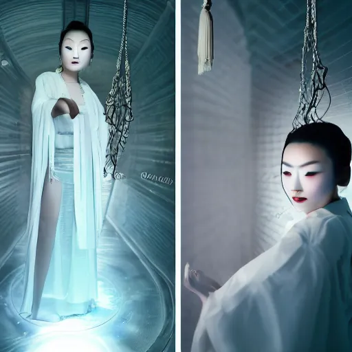 Image similar to photo shoot pose photo of beautiful Chinese ancient princess standing in the corridor in the space ship, symmetrical face, big eyes and lips, looking down, subtle makeup, clean face and body skin,ecstatic expression, ornamental jewelry and ancient translucent clothes, futuristic space ship interrior, wires with lights,depth of field, lens flares, dust in the air, moody lighting, intricate, elegant, highly detailed, centered, smooth, sharp focus, Donato Giancola, Joseph Christian Leyendecker, WLOP, Boris Vallejo, Artgerm moody photography, old photo, black and white, sepia, cinematic lighting, cinematic angle, editorial photography