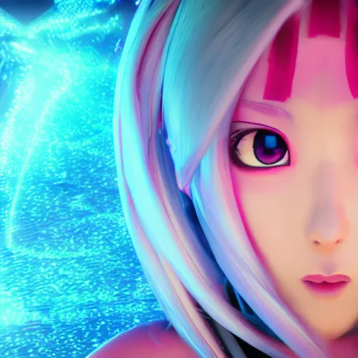 Image similar to symmetrical image taken from an extremely low angle at her feet of a stunningly beautiful omnipotent anime goddess with pink hair and mesmerizing cyan eyes, unreal engine 5, 8 k