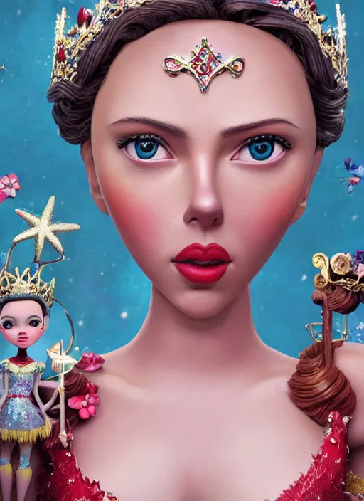 Image similar to closeup face profile portrait of tin toy scarlett johansson as a fairytale princess wearing a crown eating cakes, bikini, depth of field, zeiss lens, detailed, symmetrical, centered, fashion photoshoot, by nicoletta ceccoli, mark ryden, lostfish, breathtaking, 8 k resolution, extremely detailed, beautiful, establishing shot, artistic, hyperrealistic, octane render