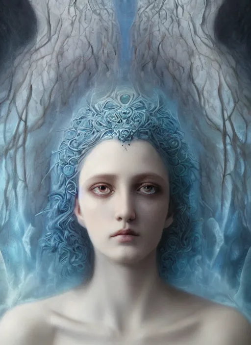 Image similar to Her huge ominous glowing blue eyes staring into my soul , perfect eyes, soft pale white skin, intricate stunning highly detailed, agostino arrivabene, artgerm, twisted dark lucid dream, 8k portrait render, raven angel wings, swirling smoke , beautiful lighting, dark fantasy art, cgsociety