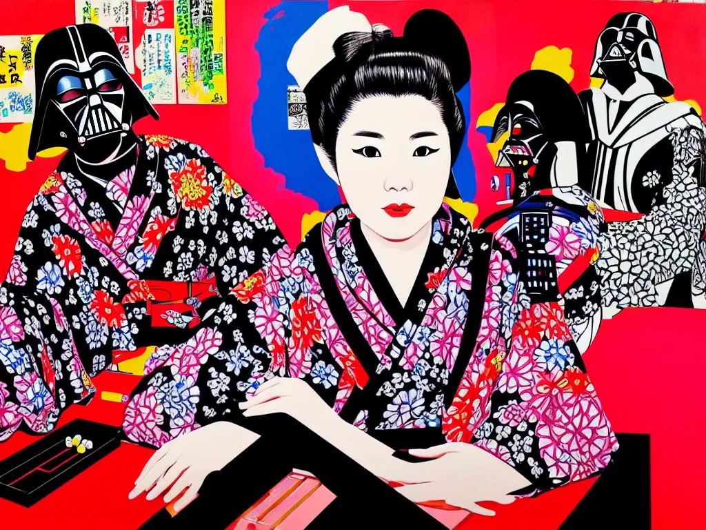 Image similar to hyperrealism composition of the detailed woman in a japanese kimono sitting at an extremely detailed poker table with darth vader, fireworks on the background, pop - art style, jacky tsai style, andy warhol style, acrylic on canvas