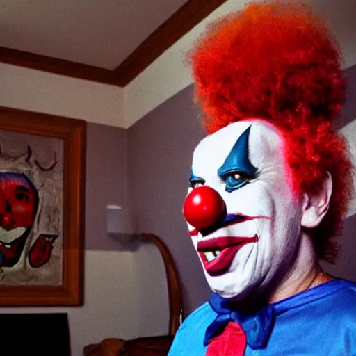 Image similar to hidden camera footage of terrifying clown in a bedroom