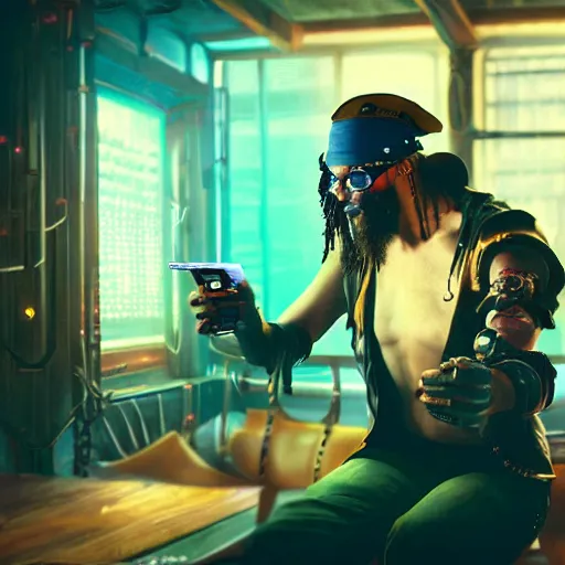 Image similar to high quality portrait of a pirate with four arms in a cyberpunk cyberpunk cyberpunk cafe, realism, 8k, award winning photo