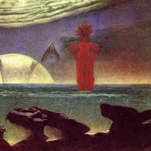 Prompt: The end of Atlantis by Arnold Böcklin, 1903 (München Pinacothek)