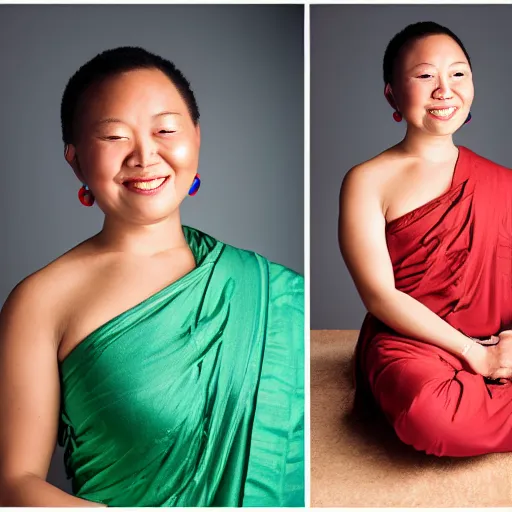 Prompt: studio portrait photo of the buddha, as a real human woman, studio lighting, smiling, mid-shot, portrait photography