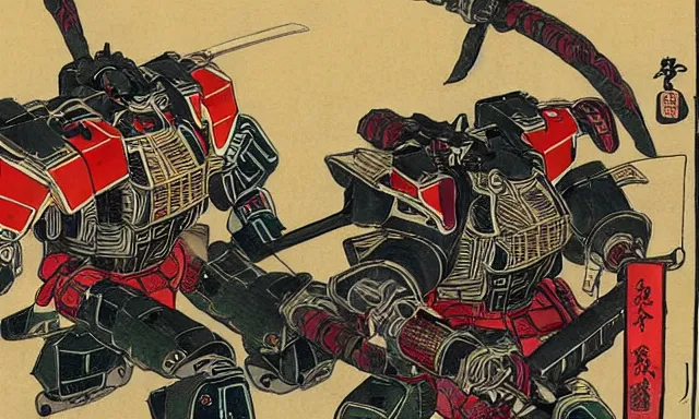 Prompt: samurai mechs duel with katanas in the style of Chikanobu, classical japanese art, sci-fi illustrations, mechwarrior, battletech, gundam, highly detailed, intricate, award-winning, mecha, japanese, gritty, beautiful colors, ink and watercolor