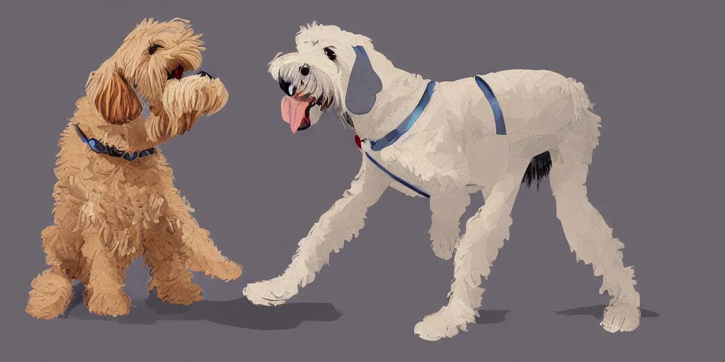 Prompt: digital artwork of george the wheaten terrier dog biting mad in an argument with evil olivia, blue, sad, top quality, masterpiece, artstation