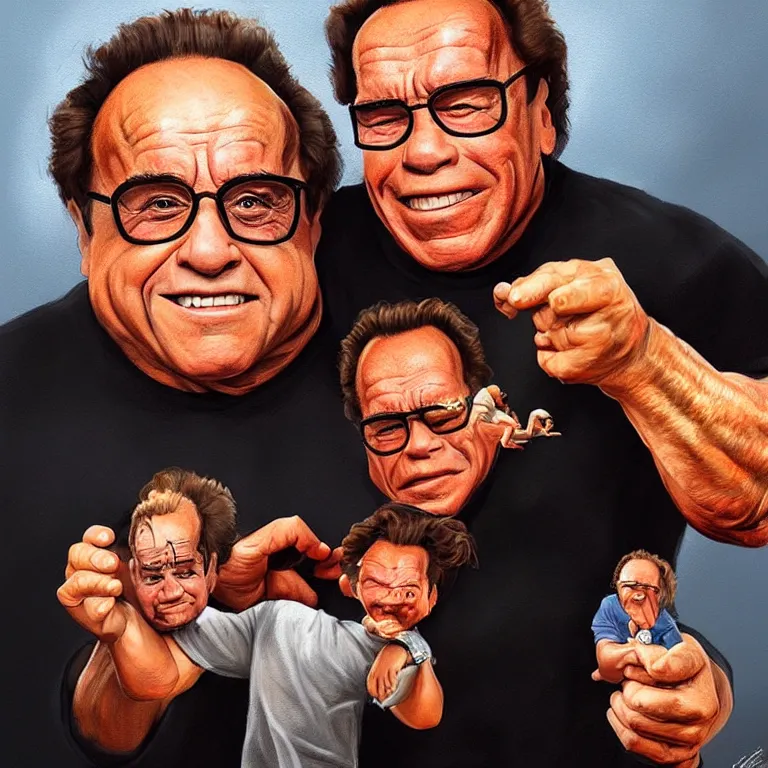 Image similar to Portrait of Danny DeVito holding a miniature Arnold Schwarzenegger gently in his hands, highly detailed, concept art, illustration, cinematic, artstation, digital painting, mystical, zen