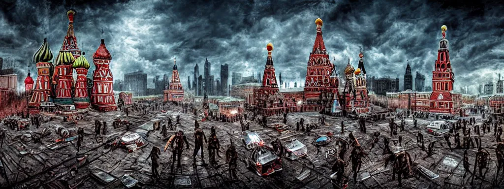 Image similar to alien predator attacks moscow red square. extreme long shot. post-apocalyptic art. high detail