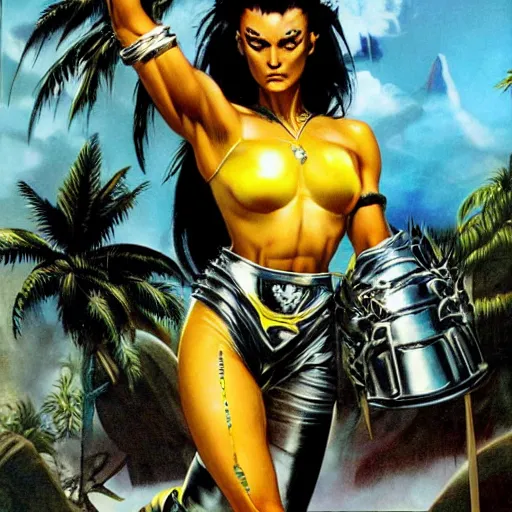 Image similar to 23-year-old muscular warrior girl wearing chrome silver armor, black spandex, electrified hair, wild spiky black hair, glam metal hair, wild black hair, yellow eyes, tropical, palm trees, chrome buildings, futuristic base, 1987, Frank Frazetta, pulp art, video game box art, hyper-detailed