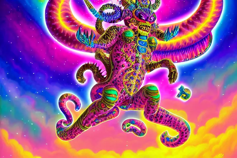 Prompt: lisa frank illustration of rebulon the ancient demon, painted by lisa frank, masterpiece concept art, 8 k, intricate detail, cinematic lighting, epic pose, bright colors