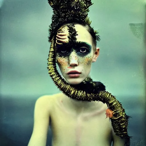 Image similar to kodak portra 4 0 0, wetplate, photo of a surreal artsy dream scene,, weird fashion, in the nature, highly detailed face, very beautiful model, portrait, expressive eyes, close up, extravagant dress, carneval, animal, wtf, photographed by paolo roversi style and julia hetta