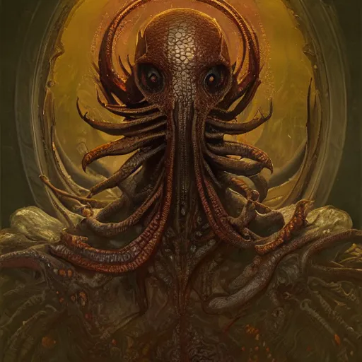 Image similar to Portrait of an undead ilithid mindflayer dracolich, honeycomb background, d&d, fantasy, intricate, elegant, highly detailed, digital painting, artstation, concept art, smooth, sharp focus, illustration, art by Krenz Cushart and Artem Demura and alphonse mucha