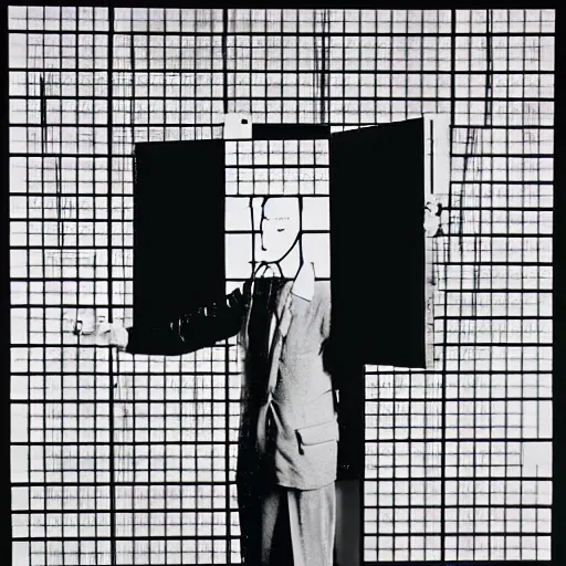 Prompt: a minimalist portrait of Marcel Duchamp holding computer cables and chess piece in the style of Alfredo Jaar, Richard Avedon, Irving Penn, Hito Steyerl, Akira Kurosawa, Shinya Tsukamoto, wide angle, monochrome, futuristic tetsuo