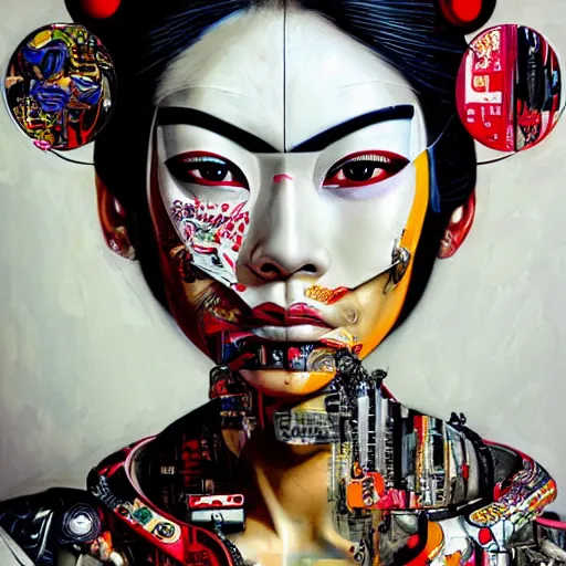 Prompt: portrait of cyborg geisha by sandra chevrier, by makoto shinkai, cybernetics, glamor shot, closeup, vivid colours, hyper realistic detailed intricate render, hypermaximalist, ornate, epic composition, sharp focus, masterpiece