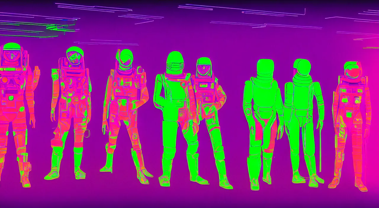 Image similar to hyper detailed bauhaus neon purple & green propaganda poster of mars workers from the 2050s cinematic lighting 8k sharp wide angle shallow depth of field