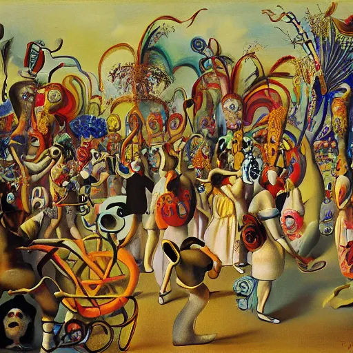 Image similar to feverish allucinations on a carnival parade by dali