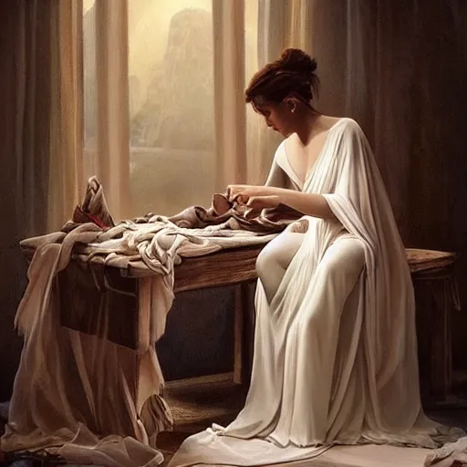 Image similar to Absolutely gorgeous greek goddess of fashion, she is sewing the most beautiful dress the olympian gods have ever seen, cinematic lighting, high quality 8k hd, oil on canvas, hyperralistic art