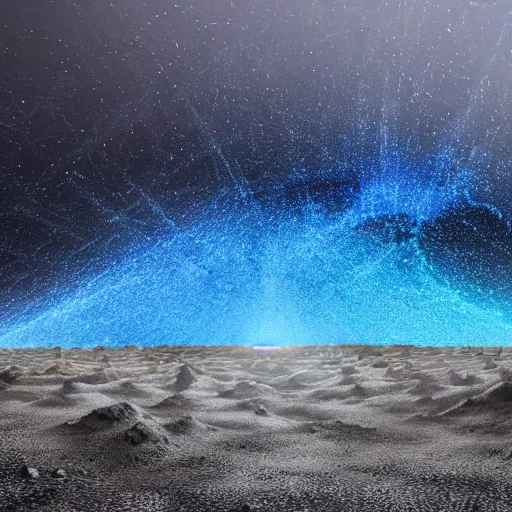 Prompt: metallic black rock desert with electrical blue discharges, many electrical blue arches transmitting between the different rocks, electrical blue sparkles in the ground, moonless night, very black sky, cinematic, high quality, 1 6 k, breathtaking, fantasy digital art, in the style of beksinski