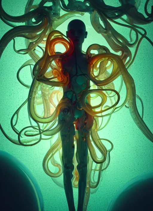 Prompt: subsurface scattering, organic cyborg made of soft wax, cgsociety, translucent, organic squid and ceramic art nouveau swirls, golden orbs, colored smoke, in the style of alberto seveso and ruan jia and beeple and giger, mystical colors, back light, rim light, dramatic lighting, 8 k, stunning scene, raytracing, octane render