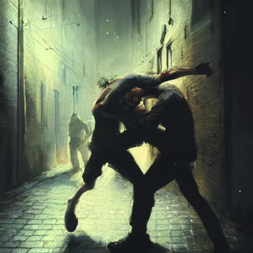 Image similar to original masterpiece artwork of 2 men choking each other during a fight in an alleyway by greg rutkowski and drew strewzan, horror, crime, hyperrealistic, octane render, exciting pose, dynamic lighting