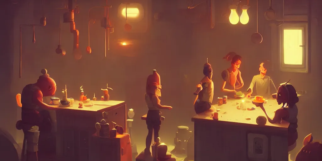 Prompt: cute kitchen dim lit by a candle ripped physique simon stalenhag gerald brom bastien grivet greg rutkowski portrait game background