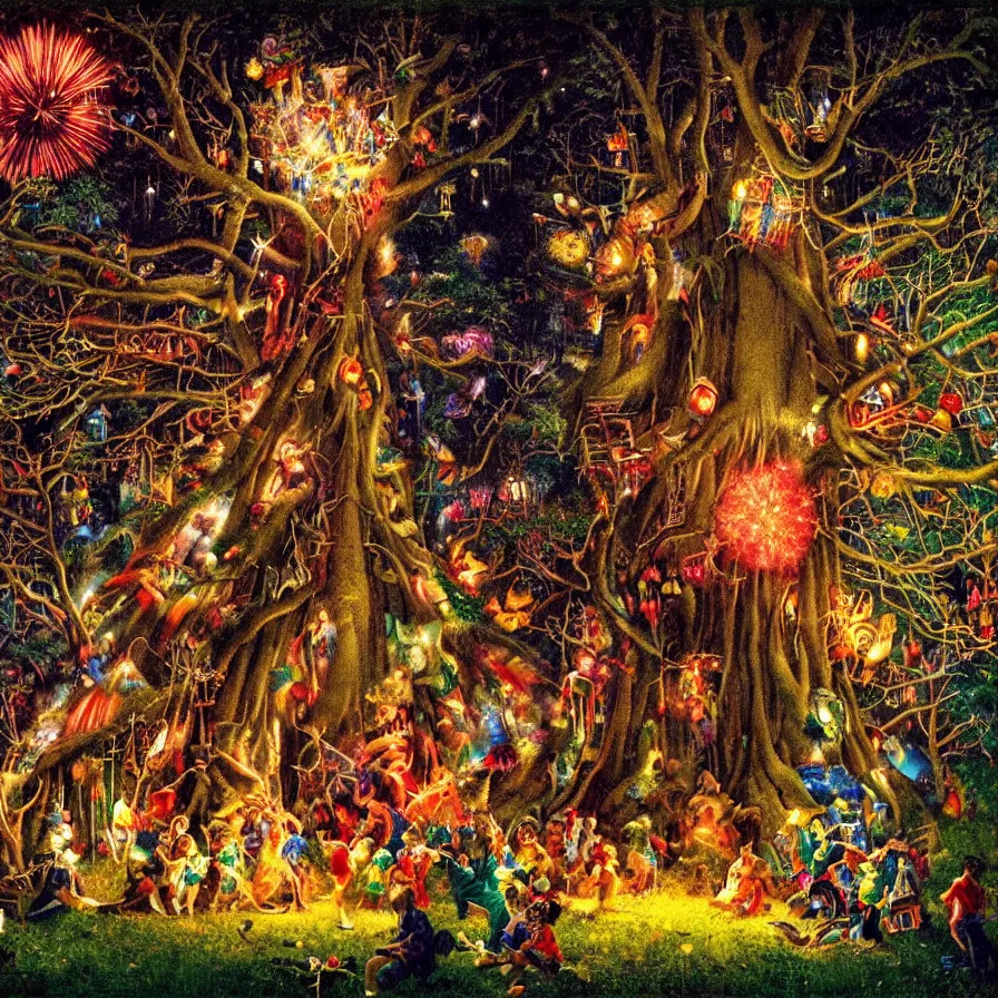 Image similar to closeup of a night carnival inside a tree cavity in a magical forest in the middle of a summer storm, with a music scenario with many fireworks and christmas lights, volumetric lightning, instense god rays in the sky, folklore people disguised with fantastic creatures in a magical forest by summer night, masterpiece painted by norman rockwell, very coherent and colorful high contrast masterpiece,