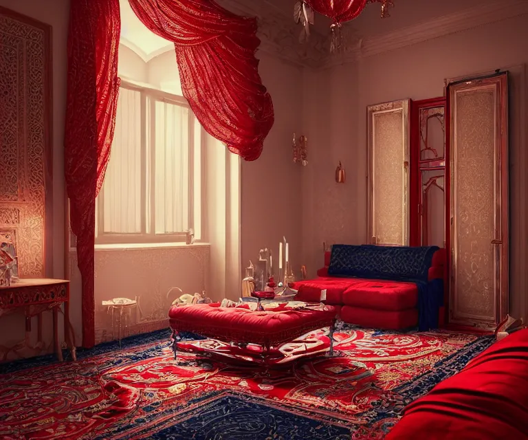 Image similar to arabic living room by charlie bowater and anna dittmann and artgerm and clemens ascher, intricate, elegant, red and white and navy blue, highly detailed, dramatic lighting, sharp focus, octane render, trending on artstation, artstationhd, artstationhq, unreal engine, 4 k, 8 k