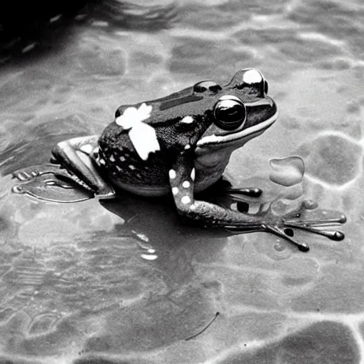 Image similar to An old photo of a sophisticated frog in a nice suit, he is chilling in a pool