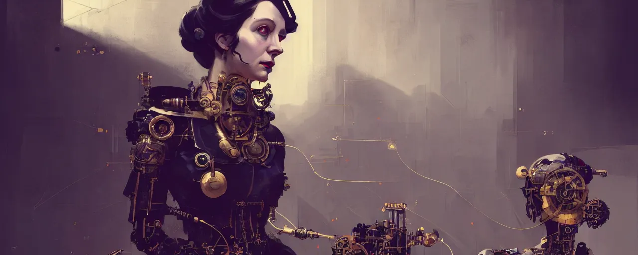 Image similar to duotone dark concept illustration 3 / 4 portrait of ada lovelace as steampunk cyborg. highly detailed mechanism cinematic lighting. golden ratio accidental renaissance. by sachin teng and sergey kolesov and ruan jia and heng z. graffiti art, scifi, fantasy, hyper detailed. octane render. concept art. trending on artstation