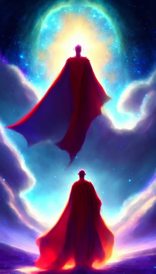 Image similar to celestial god with a cape, epic scene, colors, holy, full body, galaxy, and, stars, atmosphere, unreal engine, pixar, video game, ethereal, insanely, detailed, volumetric, symmetrical, concept art, charlie bowater, unreal engine, artstation, cinematic, video game, digital painting, artist maena