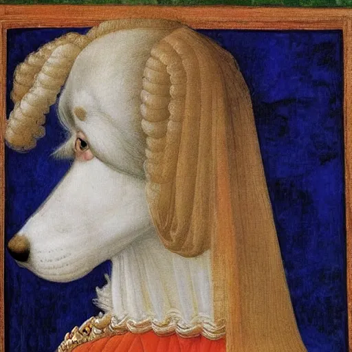 Prompt: portrait of a white labrododdle dog as an italian queen, painting by botticelli, 1 4 8 0 s