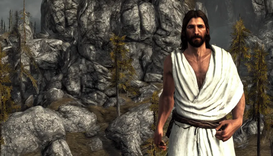 Image similar to skyrim character screenshot of jesus christ wearing a white robe, enb, 4 k, bokeh, beautiful, detailed