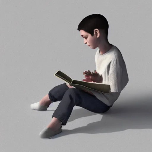 Prompt: a boy reading a book, 3 d rendering, art by nicolch, cinematic lighting